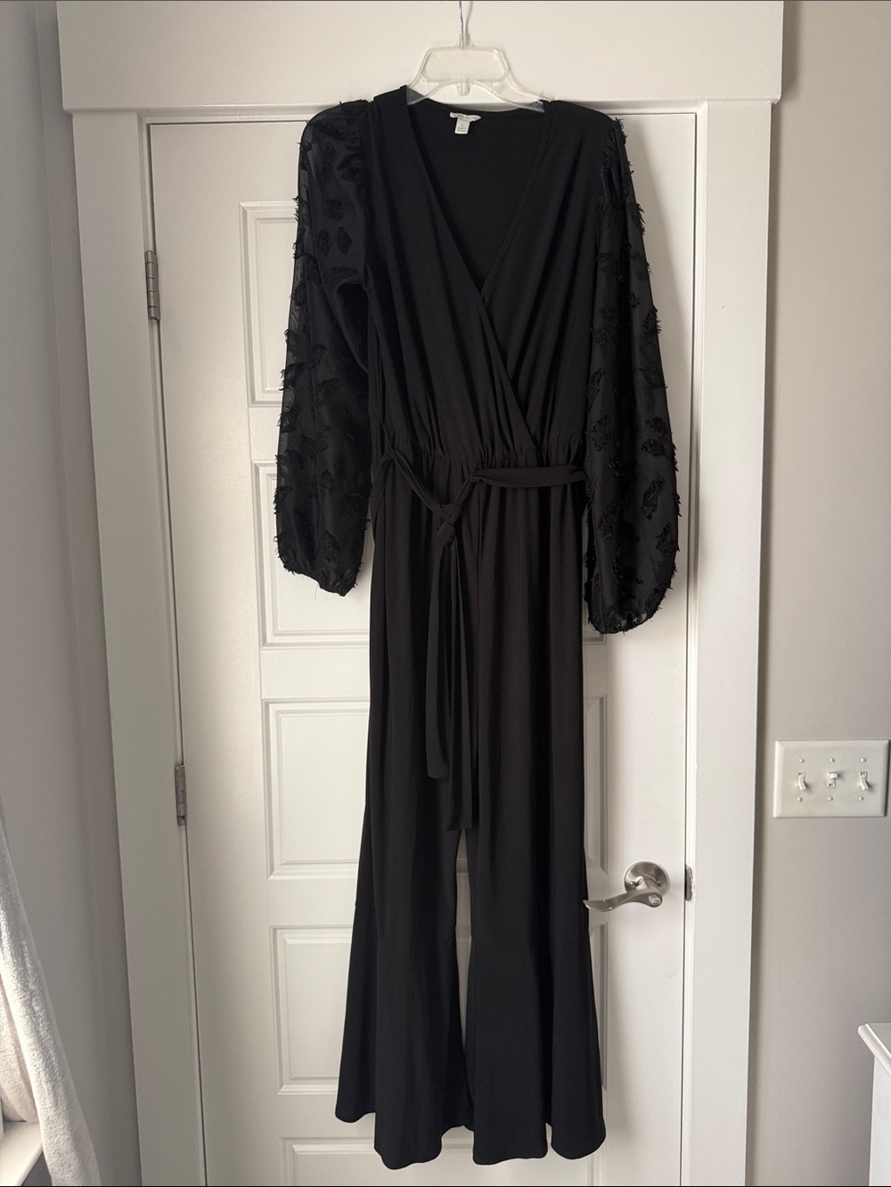 Cato Black Surplice Jumpsuit with Textured Sheer Sleeves